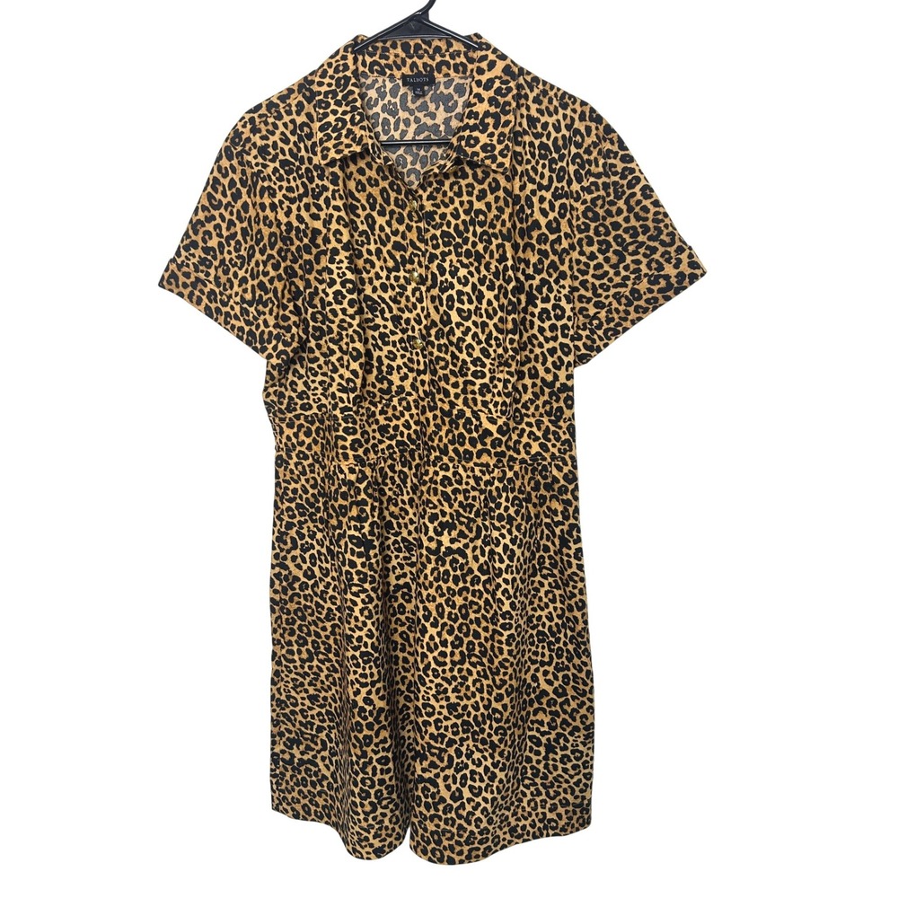Talbots Shirtdress Women 14 Brown Leopard Print Cotton Short Sleeve preppy bold